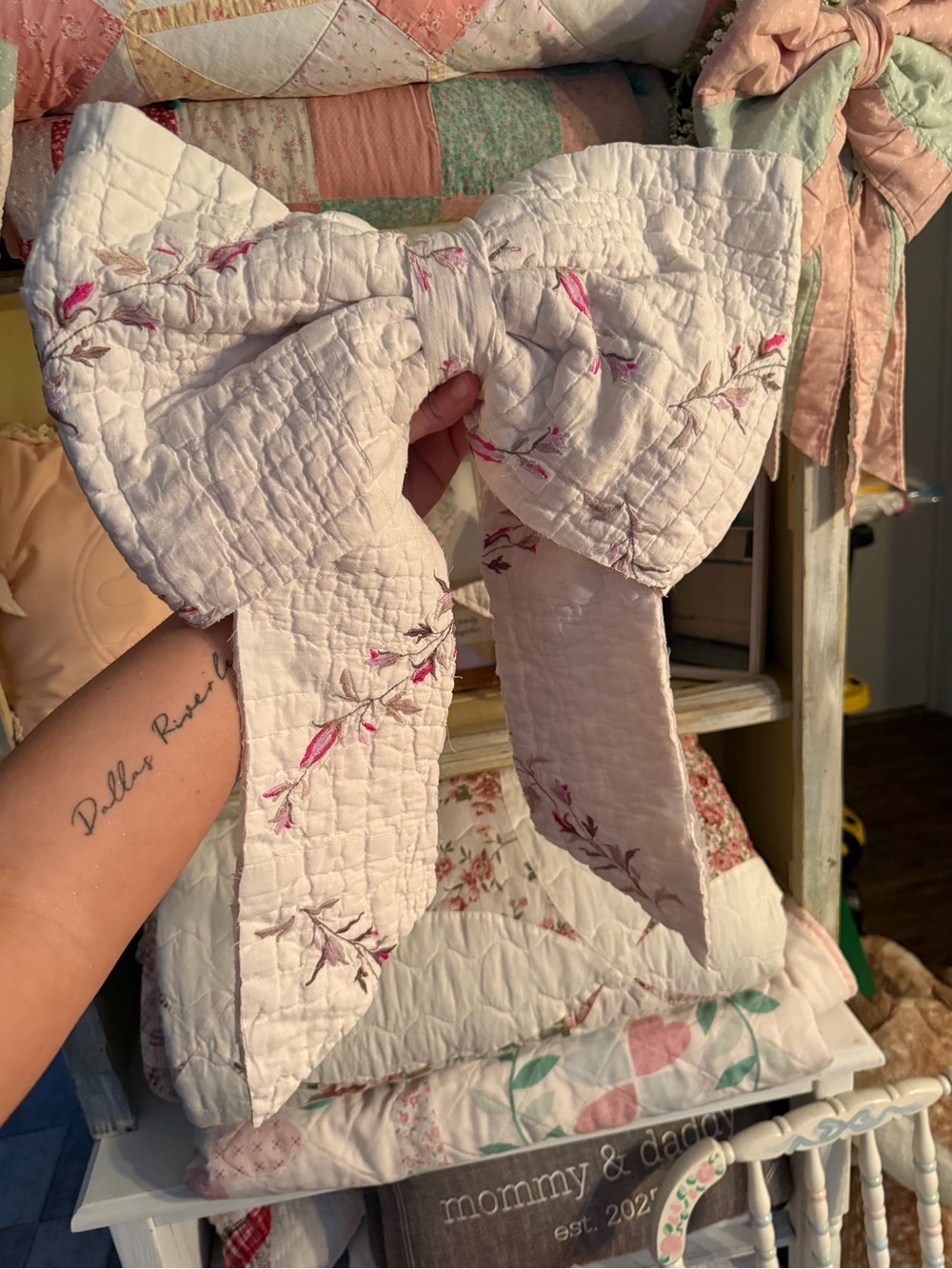 Quilted Floral Bow Accent - White with Pink Embroidery